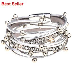 Multilayered Leather Wrap Bracelet with Magnetic Buckle